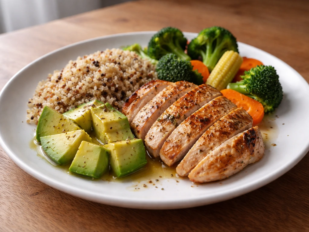 Close-up of a moderate, balanced meal on a plate with visible carbs, protein, and healthy fats.