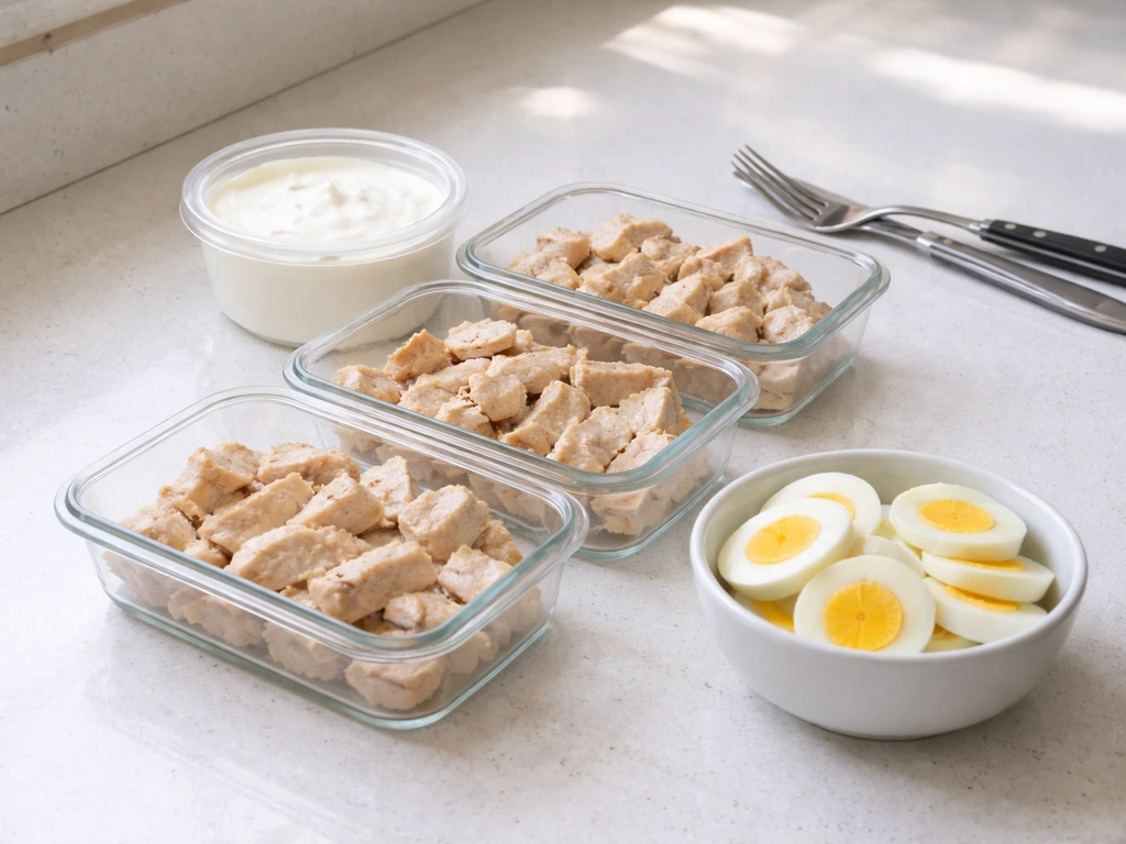 Minimal meal-prep scene with labeled protein containers and lean food portions on a kitchen counter.