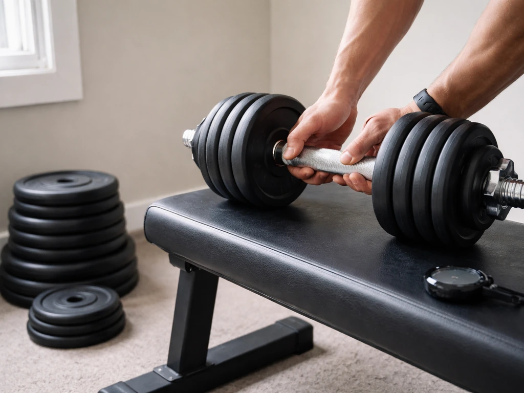 Hands adjusting a dumbbell set in a quiet home gym with weight plates on the floor