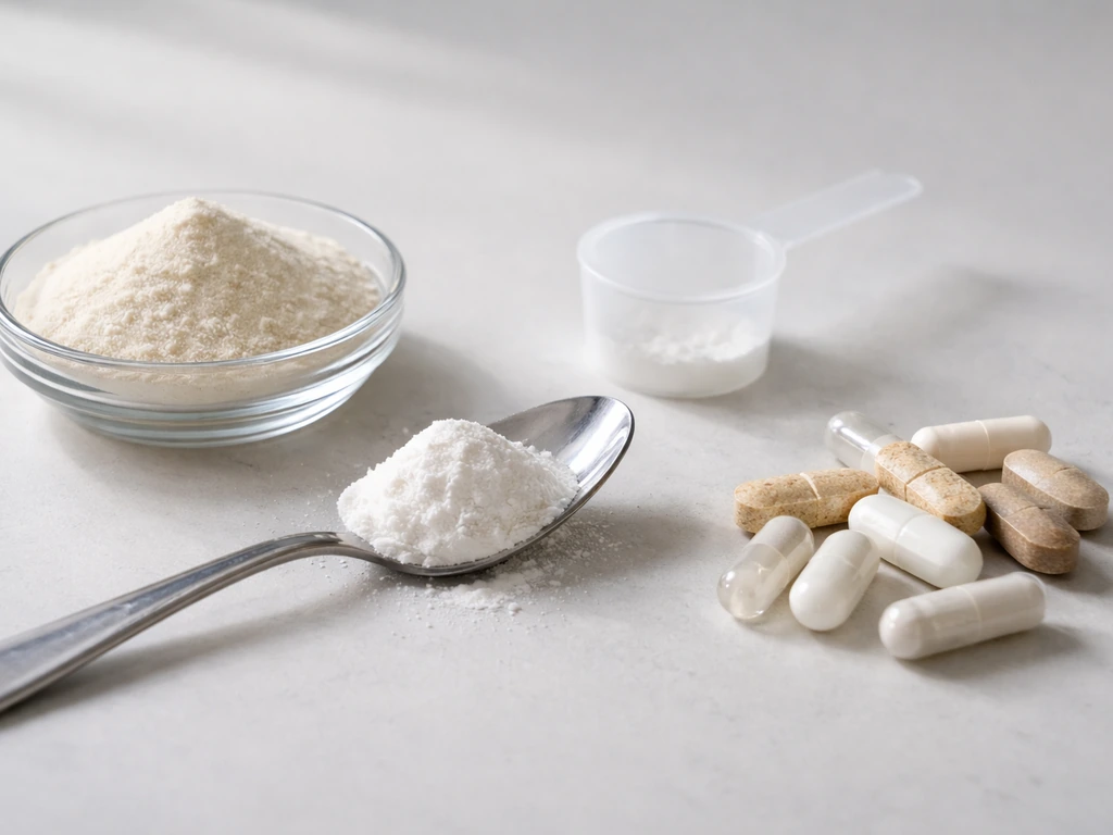 Close-up of supplement ingredients in separate piles: amino acid powder, creatine scoop, and tablets/capsules, on a clea