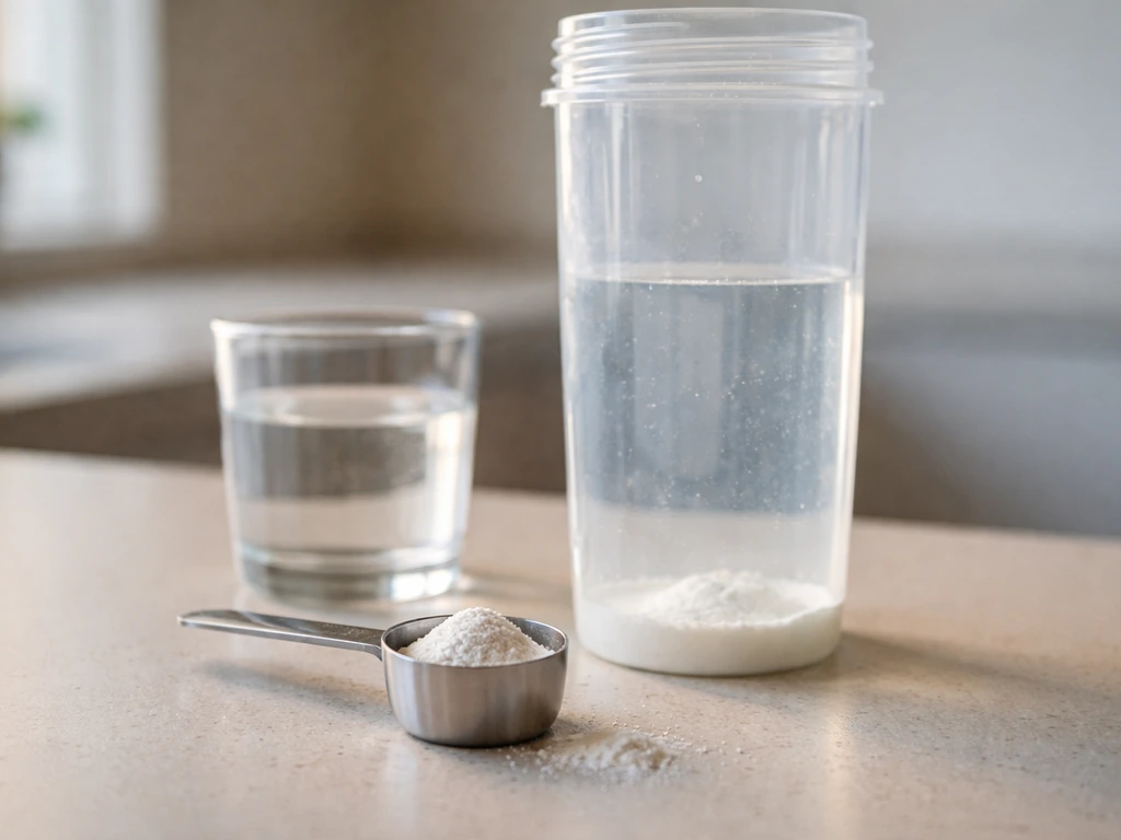 Creatine powder scoop next to a clear water shaker bottle on a kitchen counter.