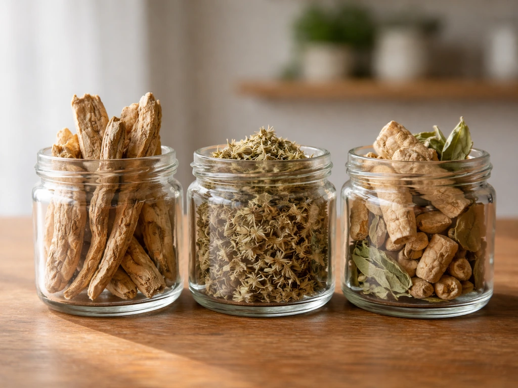 Three herbal ingredients—tongkat ali roots, tribulus leaves, and ashwagandha roots—in small glass jars on a wooden table
