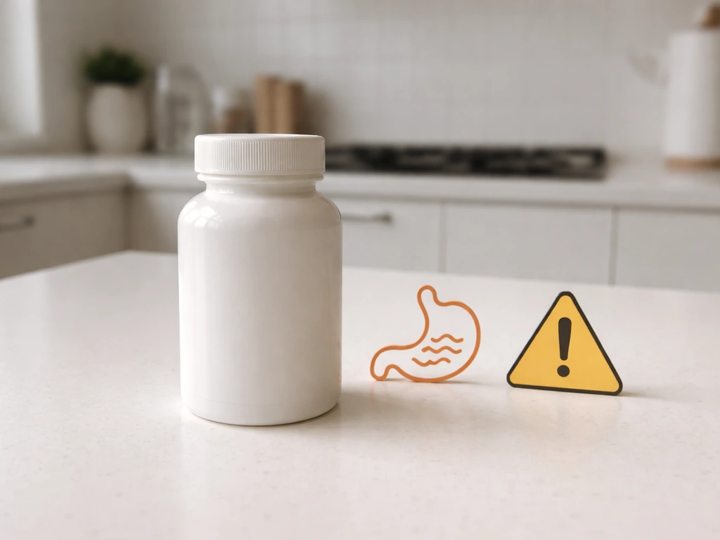 Supplement bottle beside warning icons indicating possible stomach discomfort and safety caution.