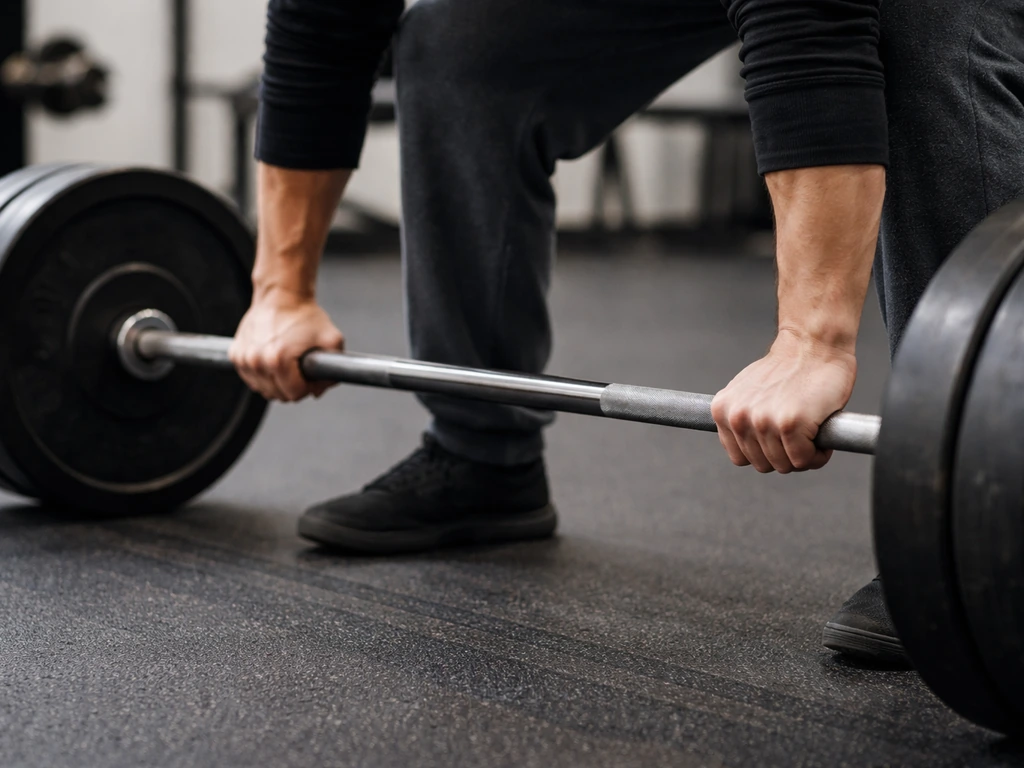 Close-up of a barbell on the floor with a lifter’s hands and plates, showing controlled lowering under load.