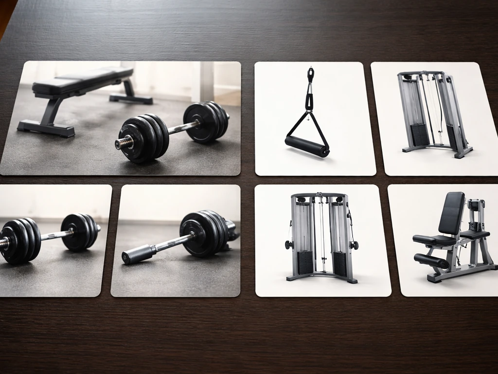 Minimal workout setup with compound tools on one side and isolation cable/leg tools on the other, no text.