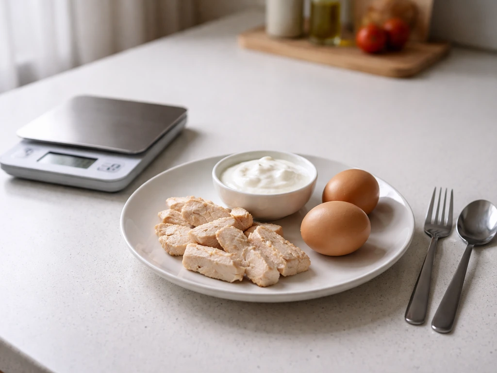 Protein meal plate with lean meat, Greek yogurt, eggs and a digital kitchen scale for portioning.