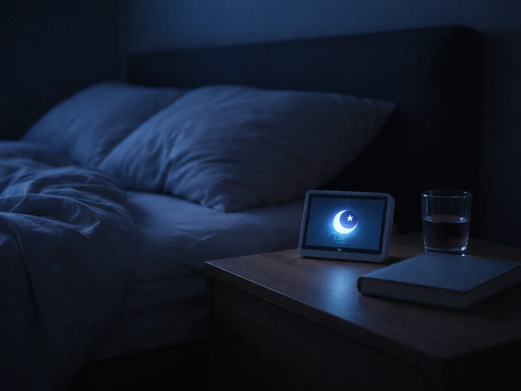 Bedroom at night with a cool-lit bedside screen showing a sleep timer, calm and recovery-focused.