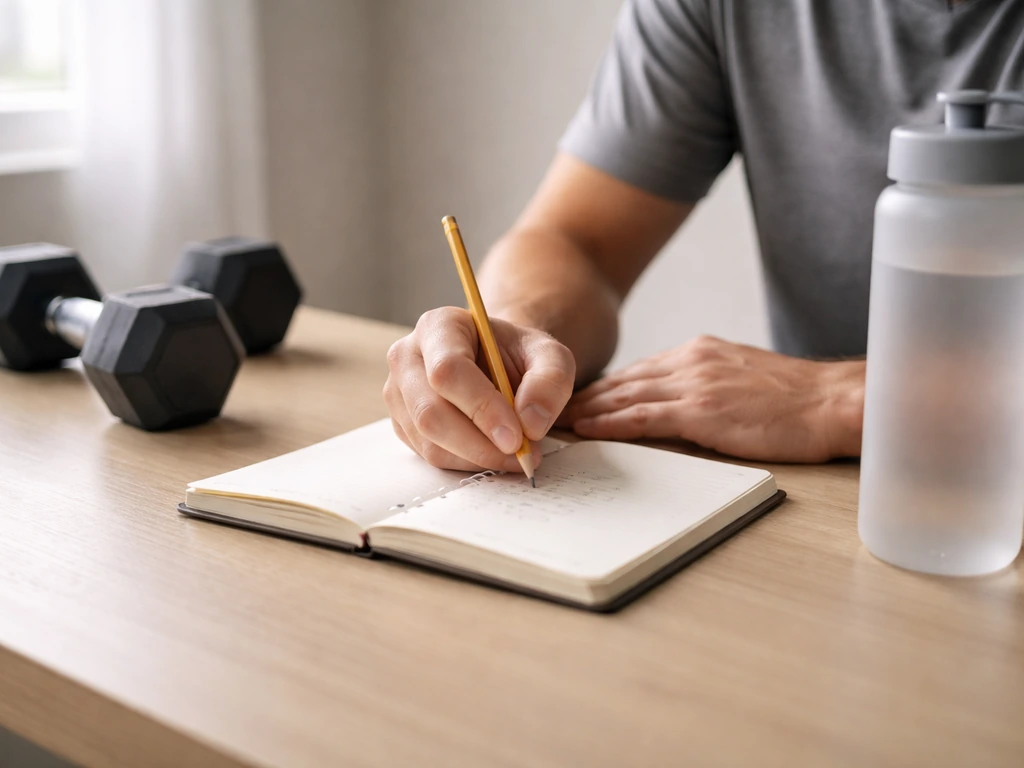 Anonymous hands writing training notes beside dumbbells on a minimal desk in natural light.