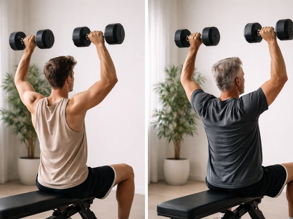 Split-screen photo showing a minimal fitness scene for younger vs older potential without any text