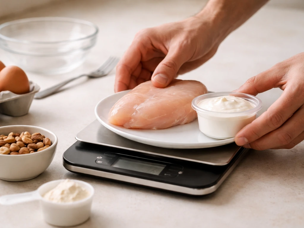 Hands measuring a protein portion with a kitchen scale and ingredients on a clean countertop