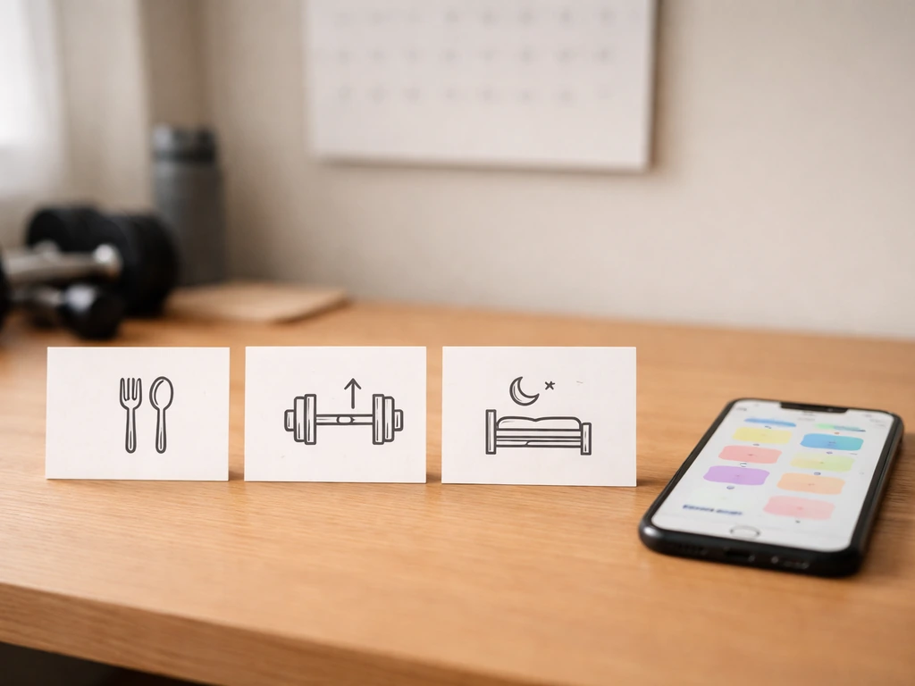 Minimal desk scene with three stacked notes and an intake phone screen showing muscle-growth stall fixes.
