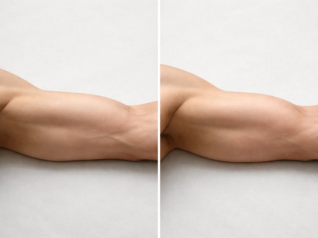 Split-view photo of an anonymous arm showing thicker muscles vs fuller look from water/glycogen.