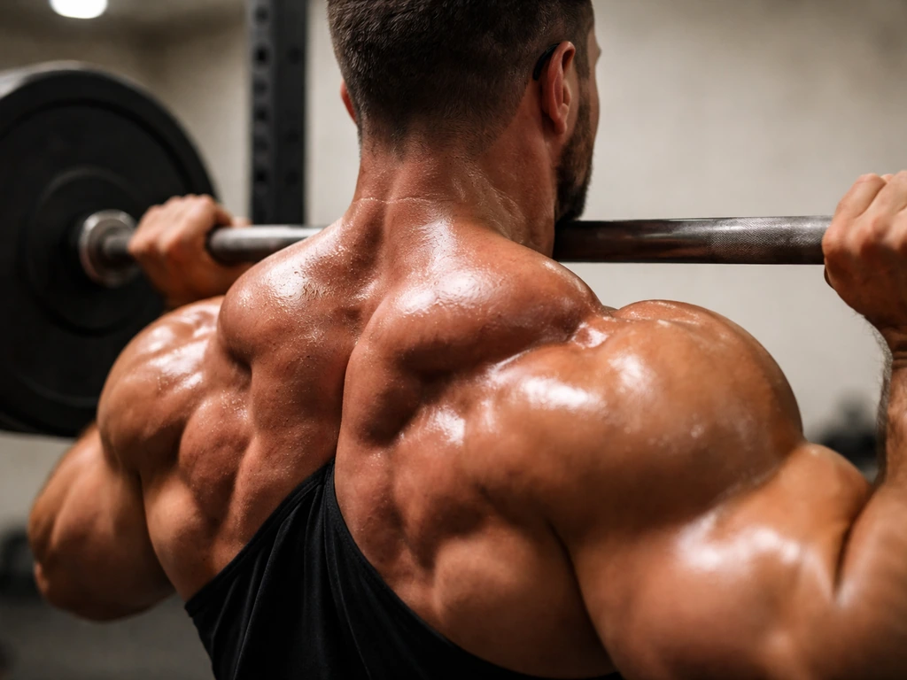 Close-up of muscular shoulders and upper traps during a heavy overhead press setup