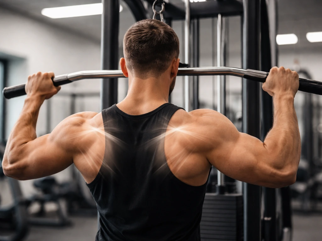 Person performing a cable lat pulldown with visible upper-back engagement in a minimal gym setting