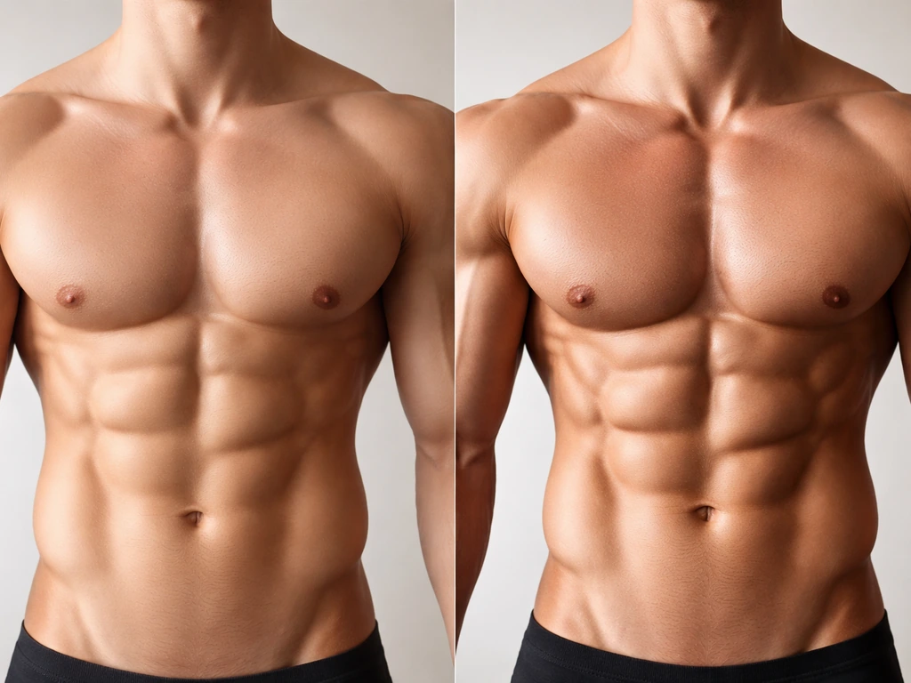 Minimal torso silhouette with two subtle shaded muscle states, implying early fullness then later true hypertrophy.