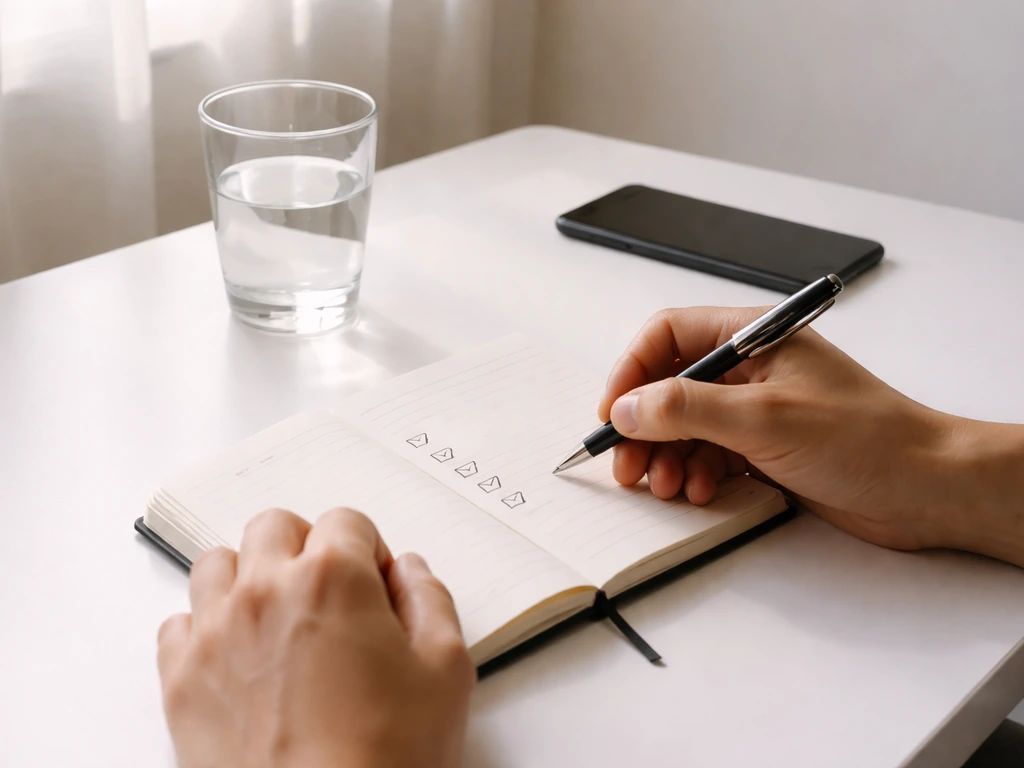 Hands writing checkboxes in a small notebook on a desk next to a smartphone, simple self-audit scene.