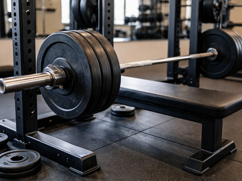 Close-up of a barbell with nearby plates in a power rack, suggesting progressive overload in the gym.