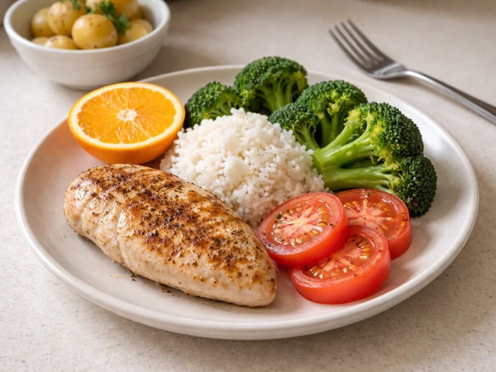 Close-up meal of chicken, cooked rice, fruit, and vegetables arranged simply on a plate.
