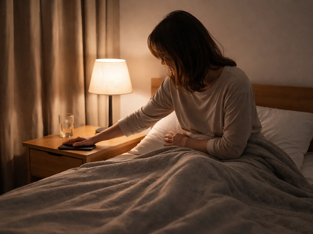 Person on a quiet bed turning off a phone and settling in under a warm blanket at night.