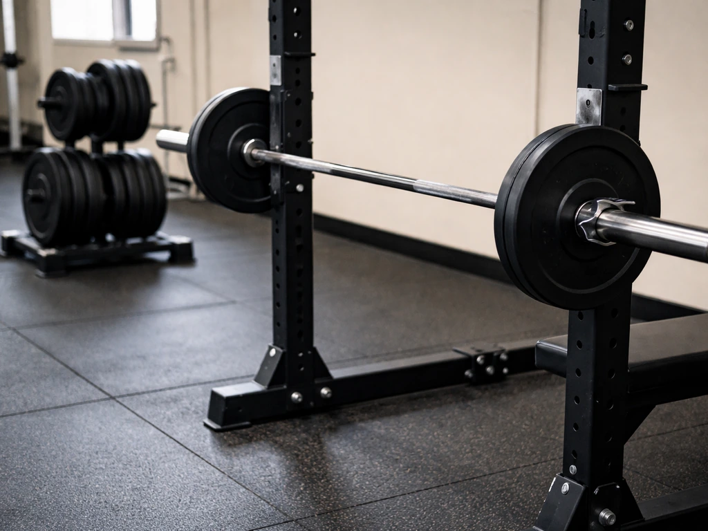 Barbell on a rack with fewer plates in use, with heavier plates neatly stacked nearby.