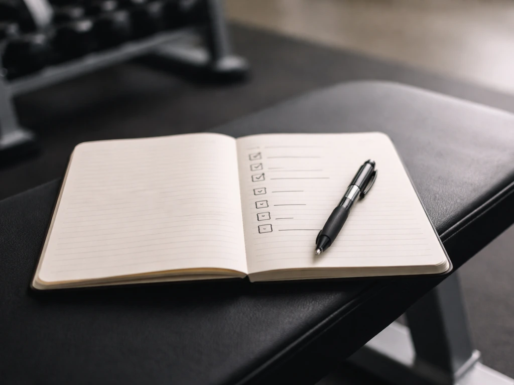 Close-up of a simple training notebook with a checklist style page, pen resting nearby on a bench