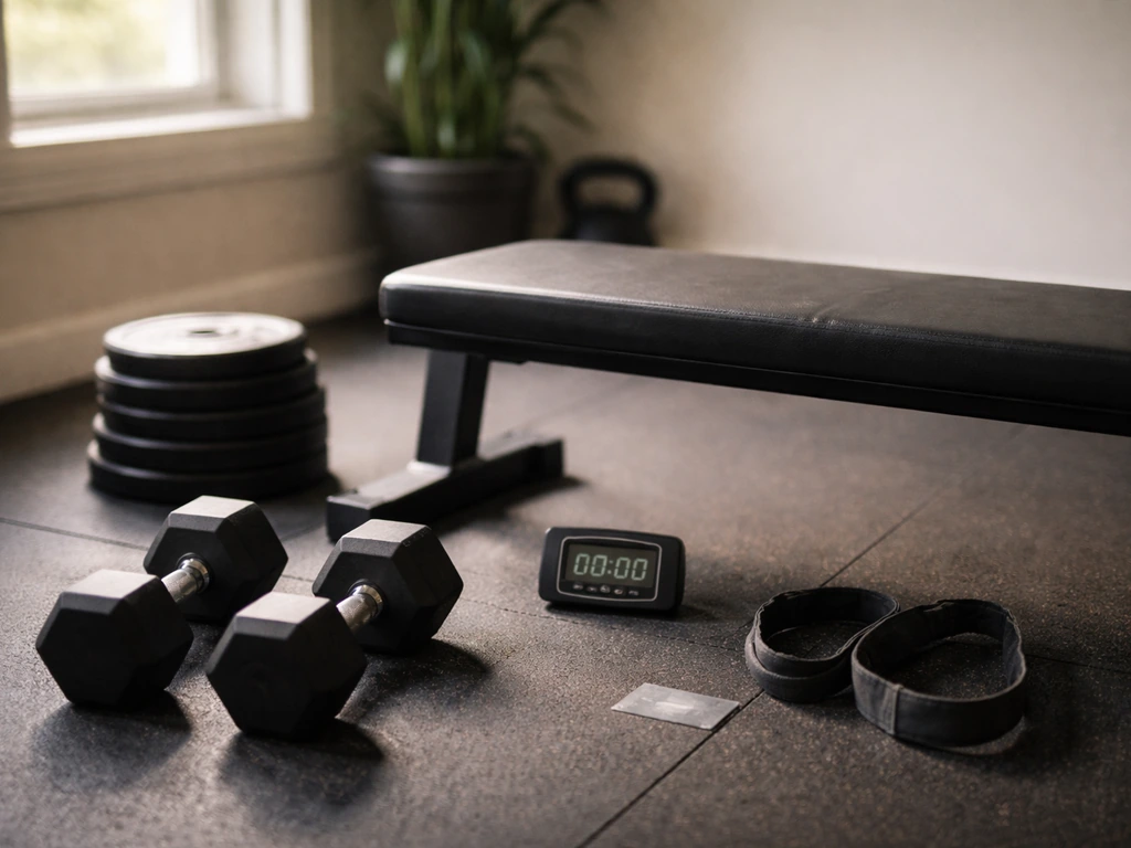 Dumbbell on a bench with three distinct training cues: weights, a timer, and a lifting strap in simple setup.