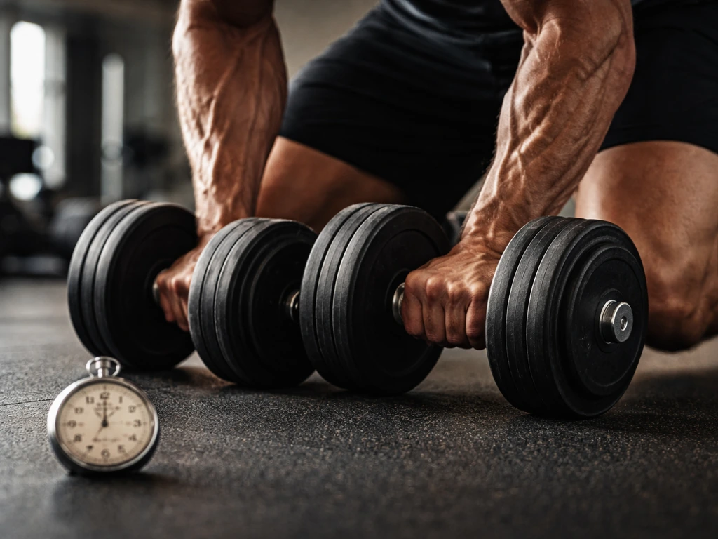 Close-up of hands gripping dumbbells mid-set with a stopwatch on the floor nearby