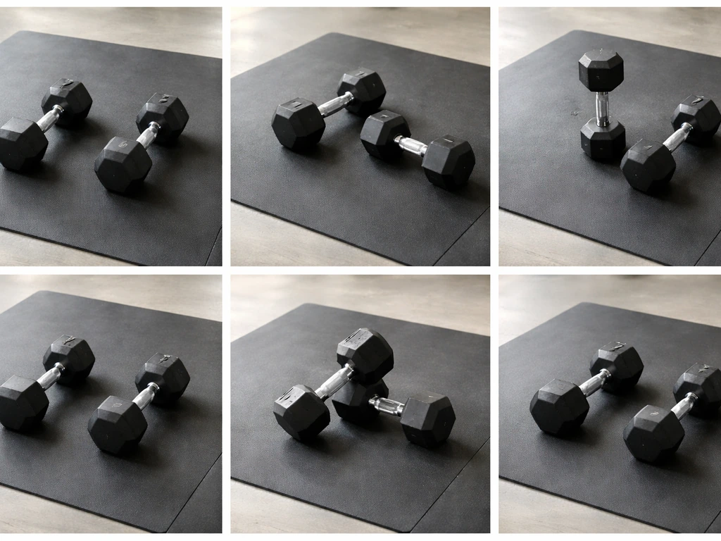 Minimal photo collage style scene showing different dumbbell setups for major muscle group exercises on a mat.