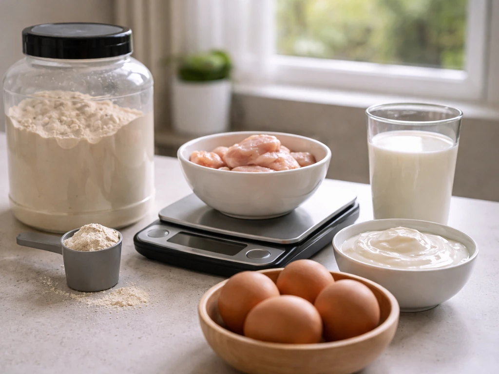 Minimal countertop setup with a protein scoop, digital scale, and protein foods like eggs and yogurt.