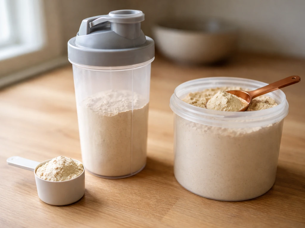 Shaker cup with pale lean mass gainer powder and a scoop beside it on a wooden counter.
