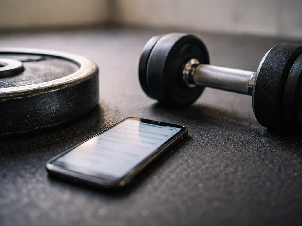 Phone showing a simple workout log beside weight plates and a dumbbell in a quiet gym corner