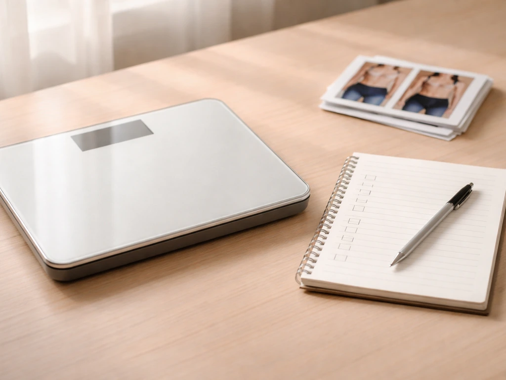 Minimal desk scene with a digital scale and handwritten checklist for weekly weight and workouts.