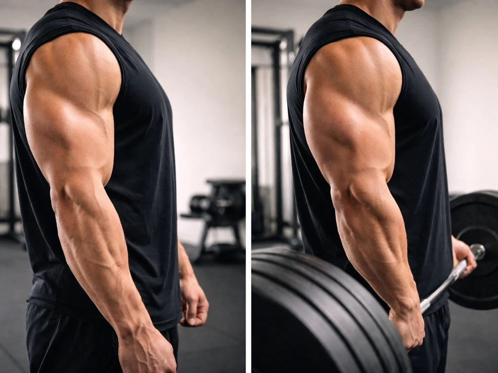 Minimal gym image contrasting fuller arm muscle on one side with a heavier barbell lift context on the other.