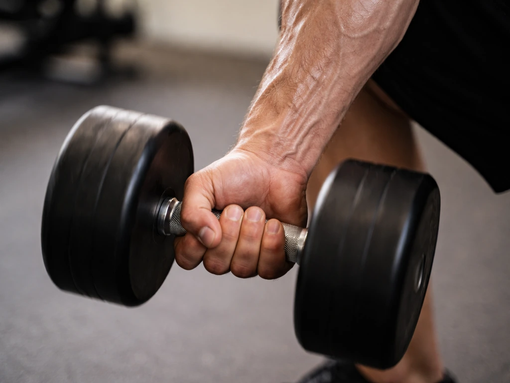 Close-up of a lifter’s forearm and hand controlling a heavy dumbbell lowering phase