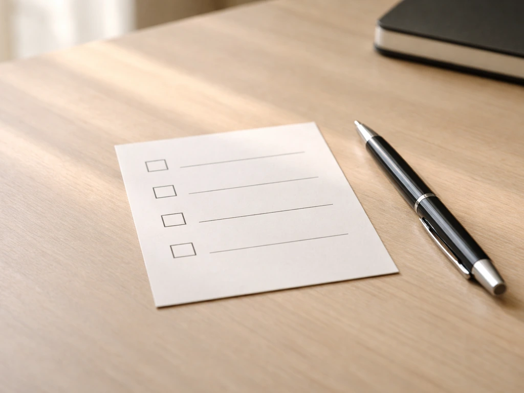 Minimal checklist card on a desk showing four basics: training, protein, calories, and sleep