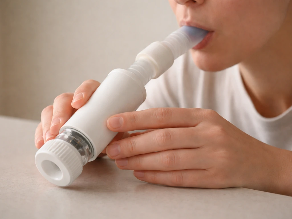 Close-up of a threshold inspiratory muscle training device being held at a mouth, hands stabilizing it.
