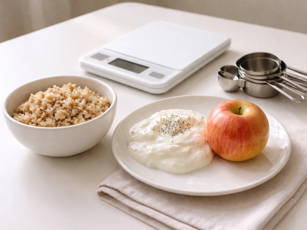 Balanced plate of carbs with a kitchen scale and measuring cups to suggest enough energy availability.