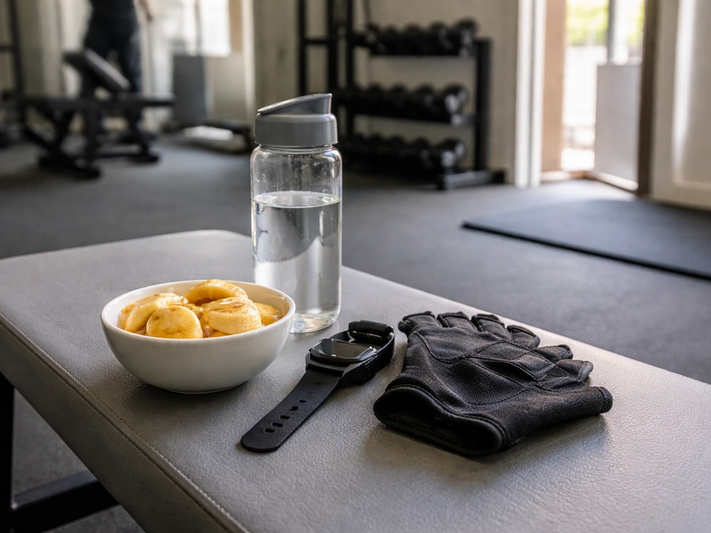 Carb snack and water bottle on a bench with training gloves nearby, implying fueling for a workout.