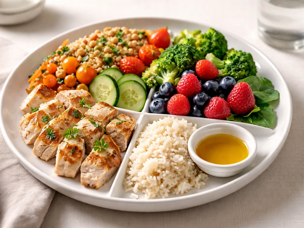 Minimal tiered plate showing priority order: calories largest, protein next, micronutrients third, carbs/fat smallest.