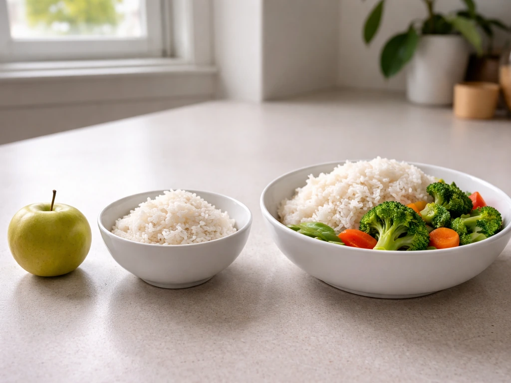 Two meal portions side-by-side on a kitchen counter showing smaller vs larger carb servings.