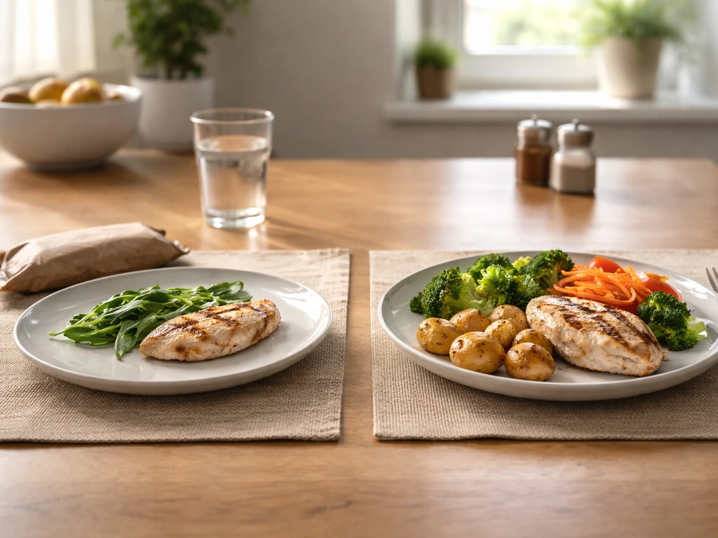 Teen’s plate split: one side labeled-style low-carb vibe, other balanced meal on a kitchen table