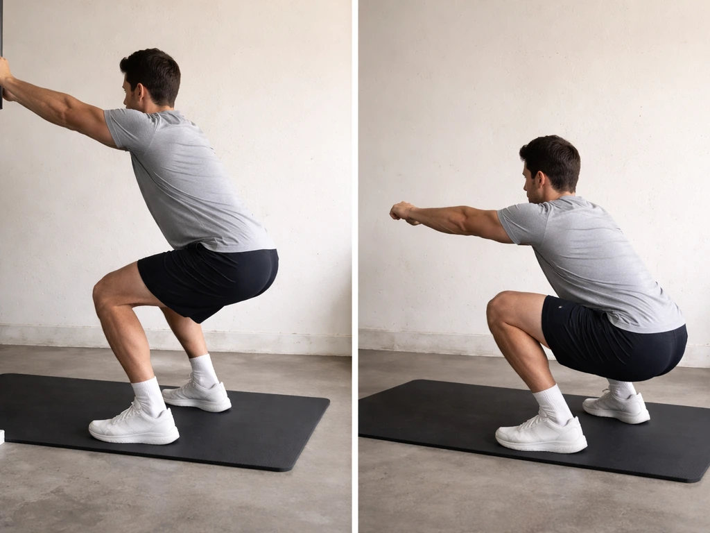Split-scene shows one anonymous person doing a weak assisted squat versus a stronger unassisted squat.