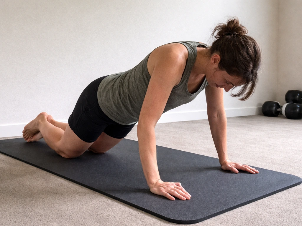 Anonymous adult on an exercise mat doing a limited push-up after light mobility warm-up.