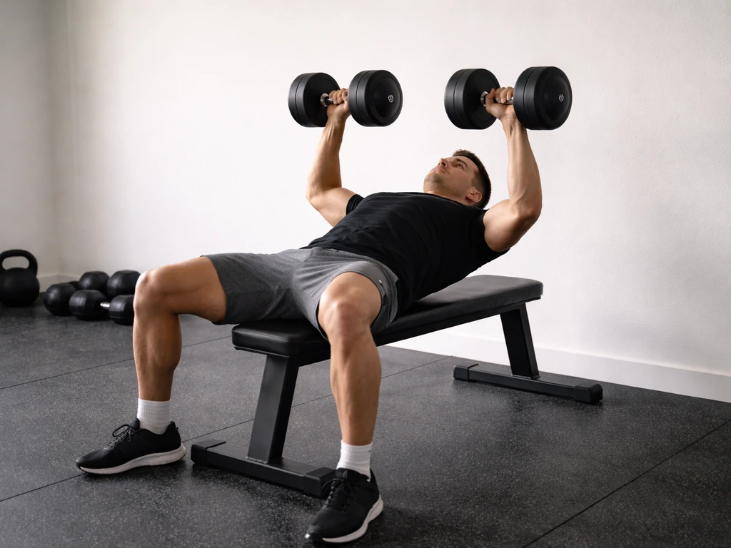 Person performing a dumbbell bench in a quiet home gym with simple equipment visible
