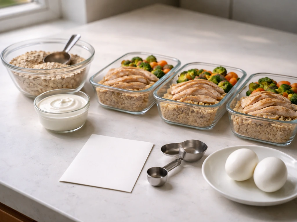 Meal-prep foods in containers—chicken, Greek yogurt, and eggs—on a kitchen counter in natural light.