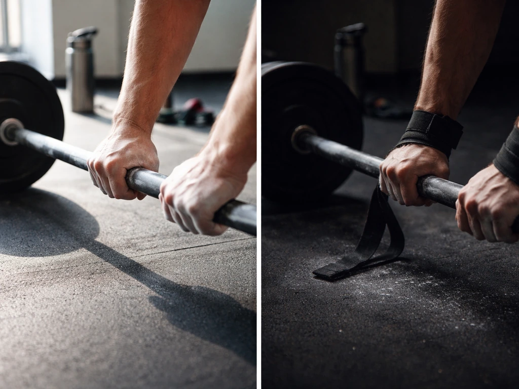 Minimal split scene of fresh vs depleted gym cues: loaded barbell with chalked grip vs dim, tired training mood.