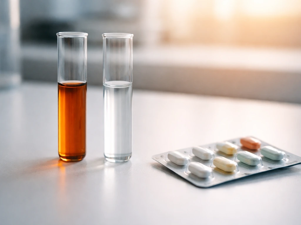 Close-up of two unlabeled lab test tubes with contrasting liquids and blank blister cards.