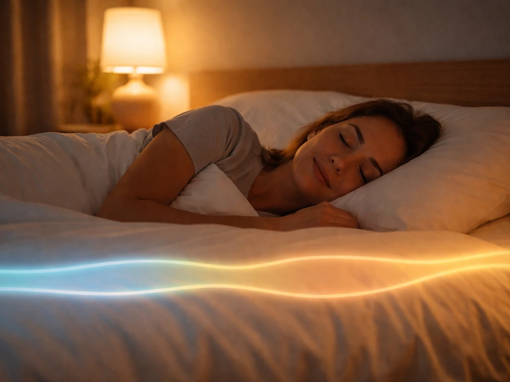 Person sleeping in a bed with soft, non-text visual cues for 7–9 hours and sleep stages.
