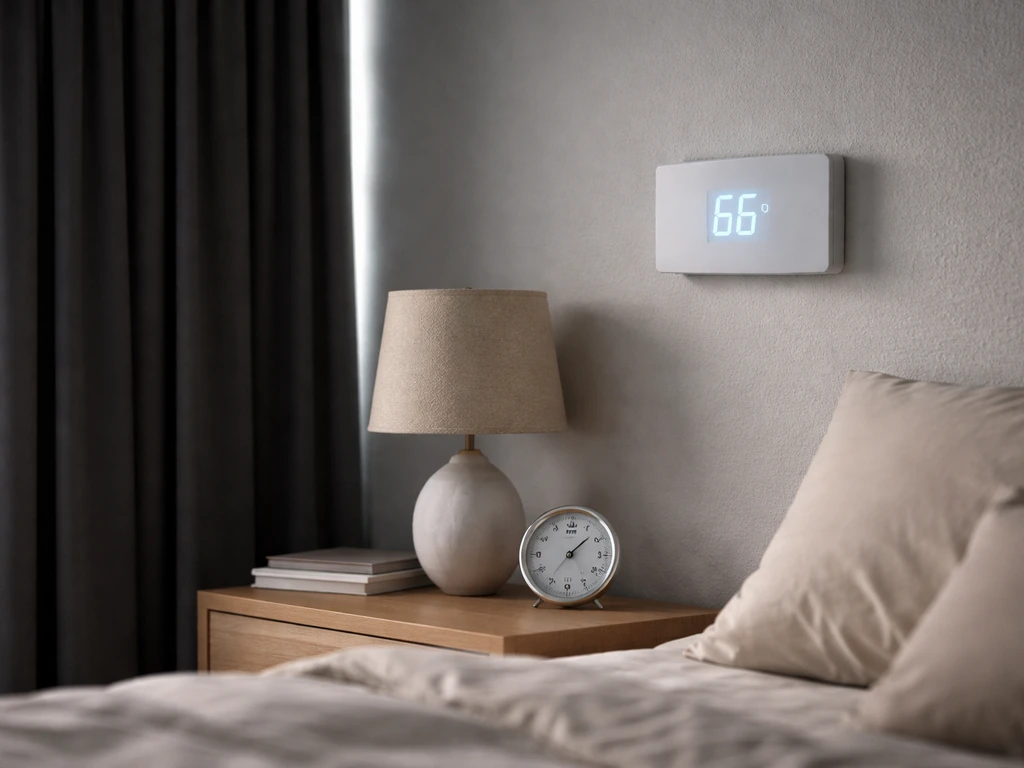 Close-up of thermostat set to cool temp, thermometer, and blackout curtains in a quiet bedroom.