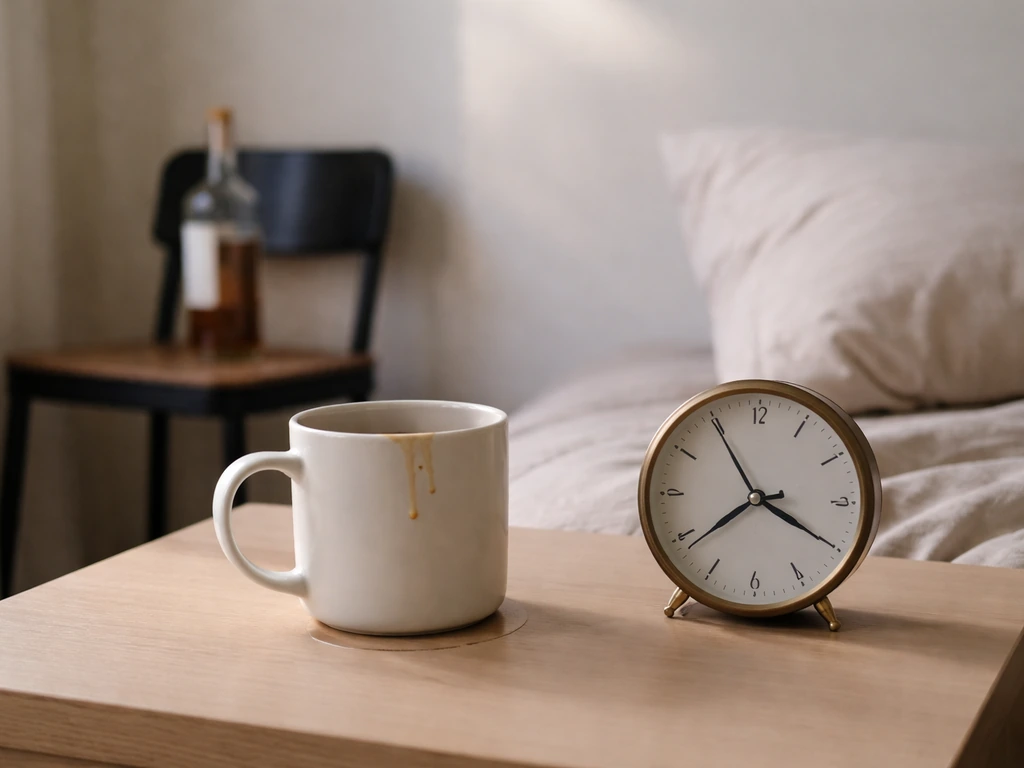 Afternoon coffee mug beside a wall clock and an alcohol bottle placed away from the bedside